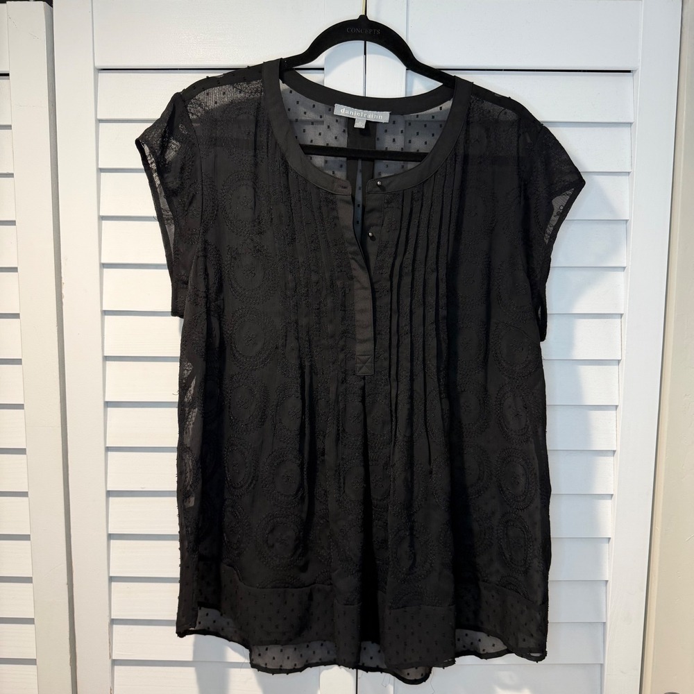 Daniel‎ Rainn Black Embroidered Swiss Dot Cap Sleeve Blouse XL D14670PYN
